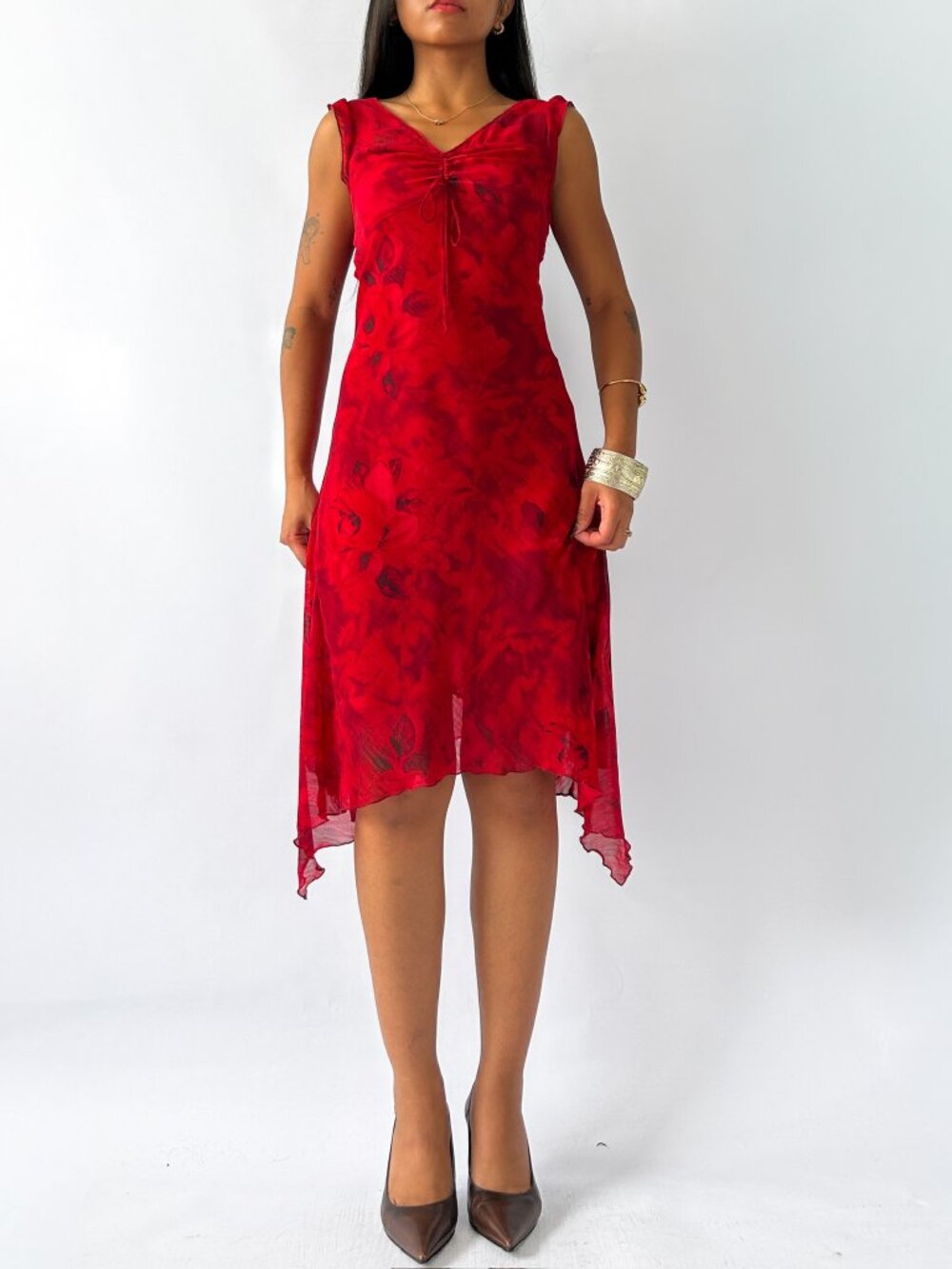 VTG Y2K Red Abstract Floral Mesh Handkerchief Hem Dress Size XS/Small